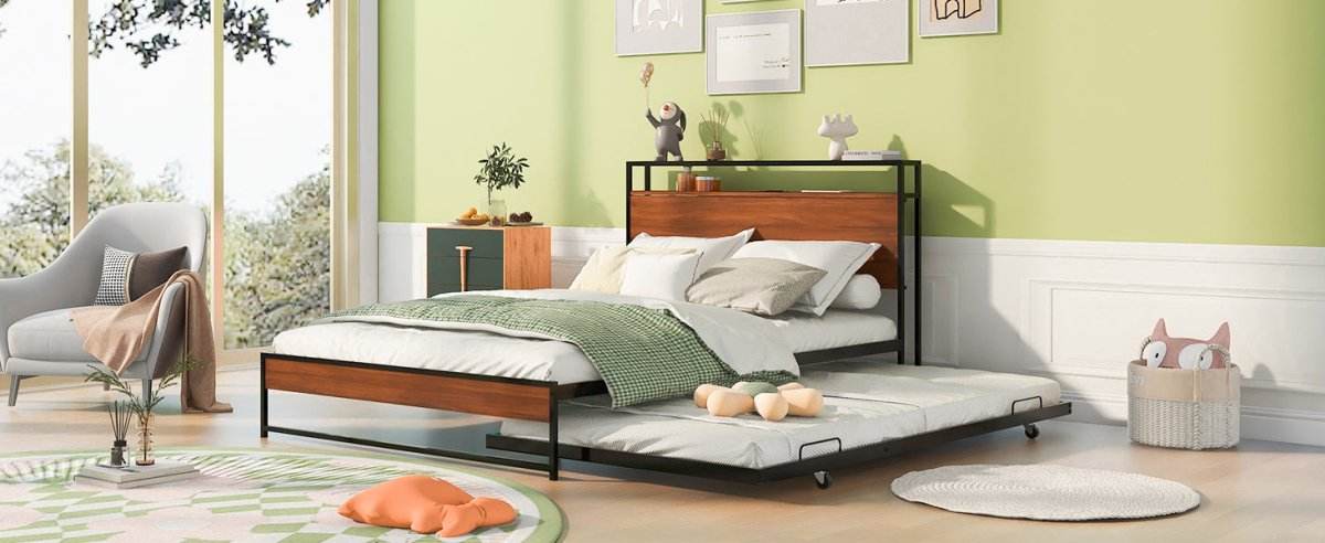 Full Metal Platform Bed Frame With Trundle USB Ports - Sleep Galleria