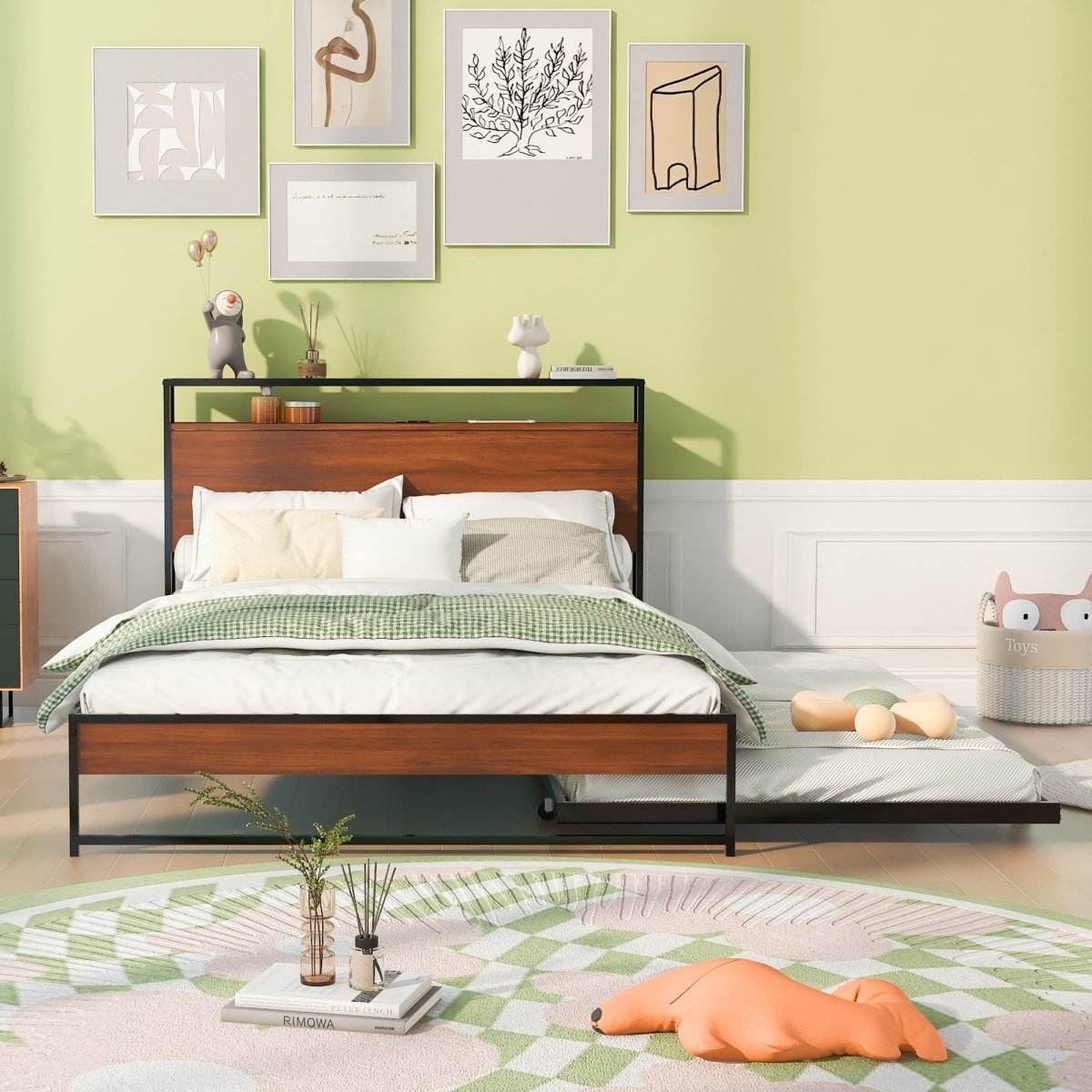 Full Metal Platform Bed Frame With Trundle USB Ports - Sleep Galleria