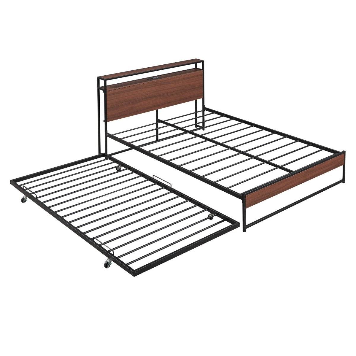 Full Metal Platform Bed Frame With Trundle USB Ports - Sleep Galleria