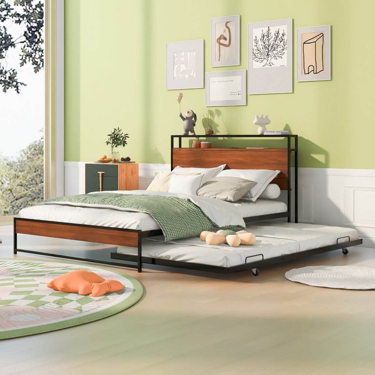 Full Metal Platform Bed Frame With Trundle USB Ports - Sleep Galleria