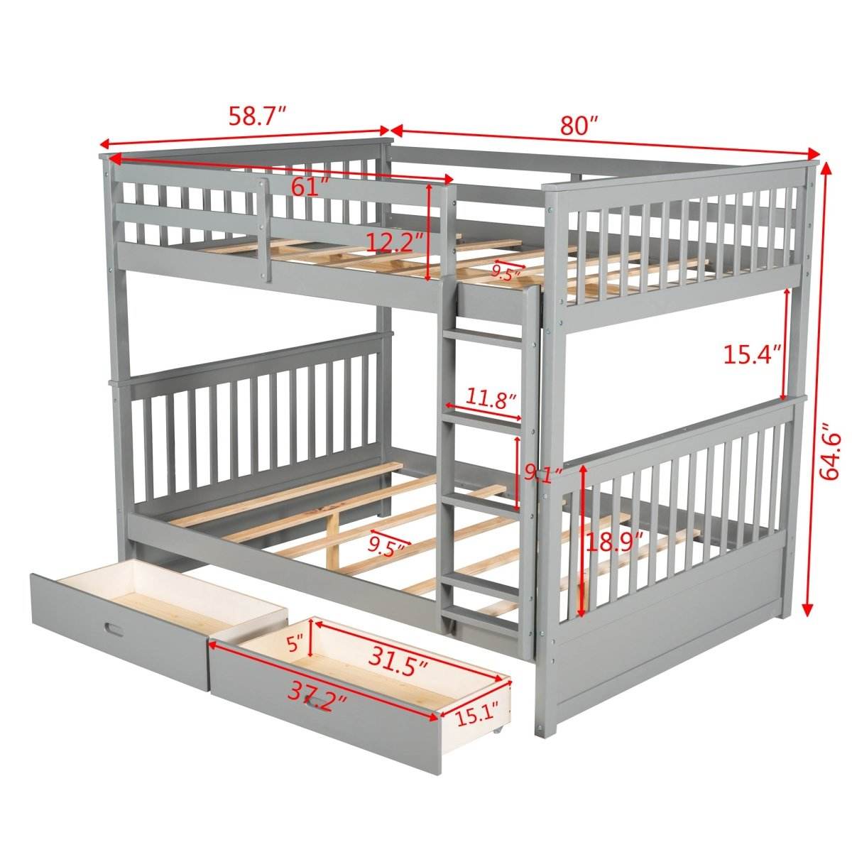 Full-Over-Full Solid Wood Gray Bunk Bed With Storage Drawers - Sleep Galleria