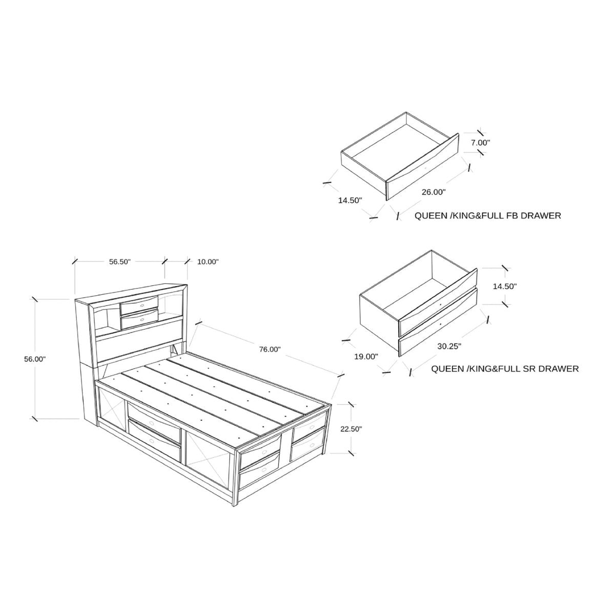 Full Wood Bookcase Bed Frame With Storage Drawers - Driftwood - Omega Lifestyles