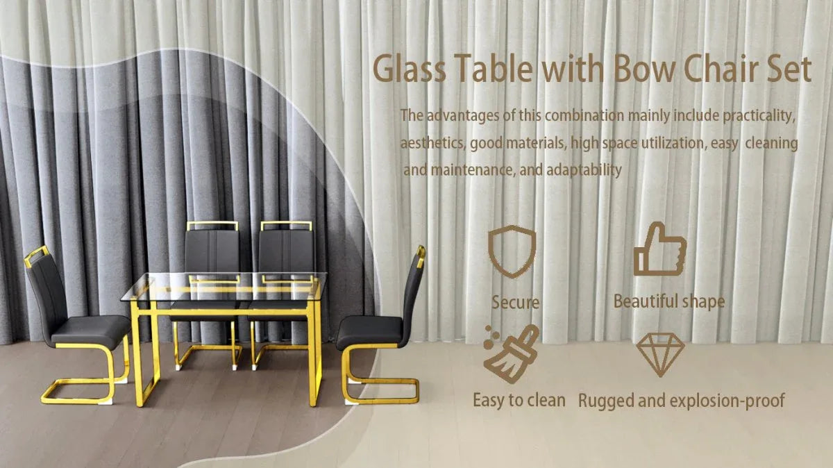 Glass Dining Table Set With Gold Legs And PU Chairs - Omega Lifestyles