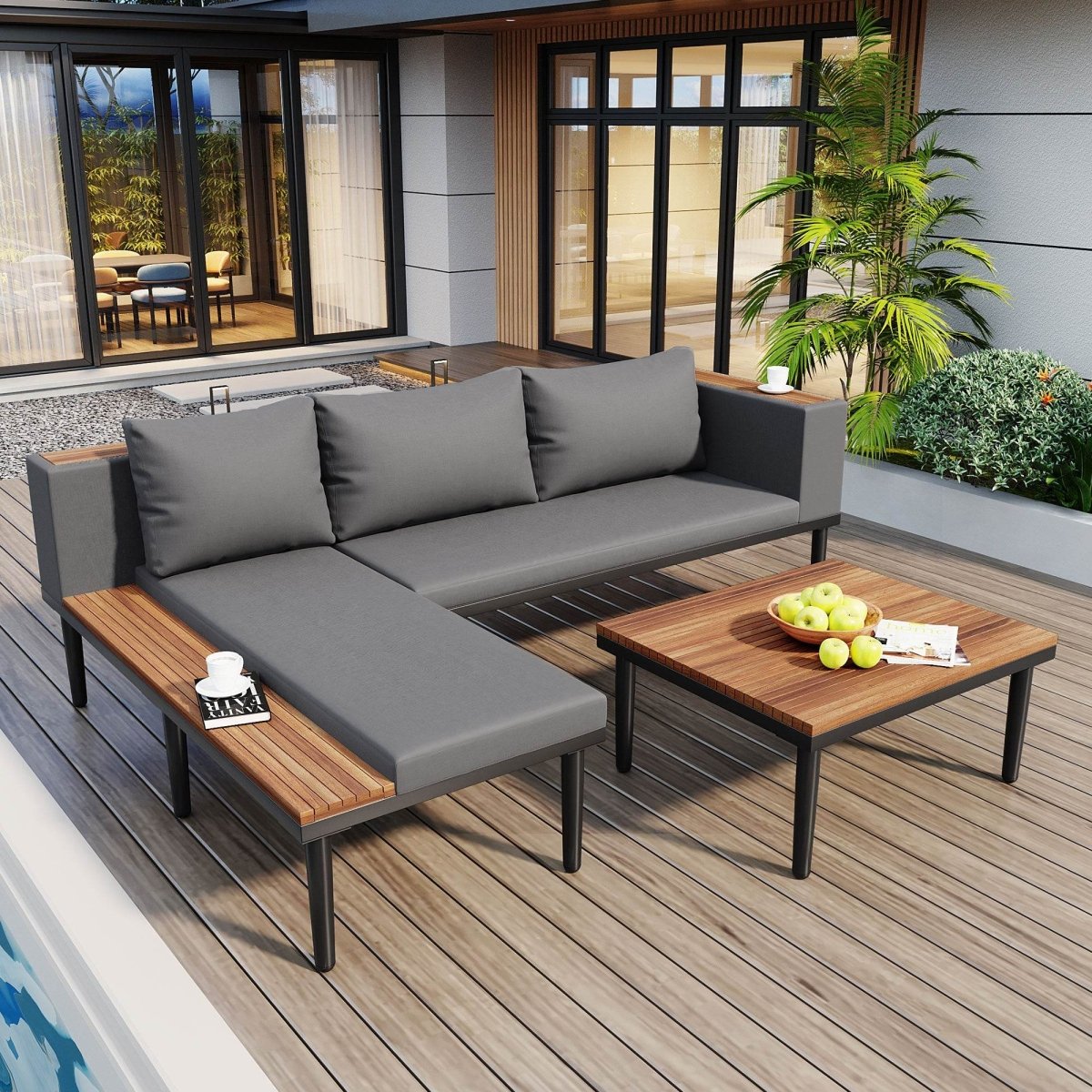Gray Acacia Wood Outdoor Furniture Patio Sofa Set - Sleep Galleria