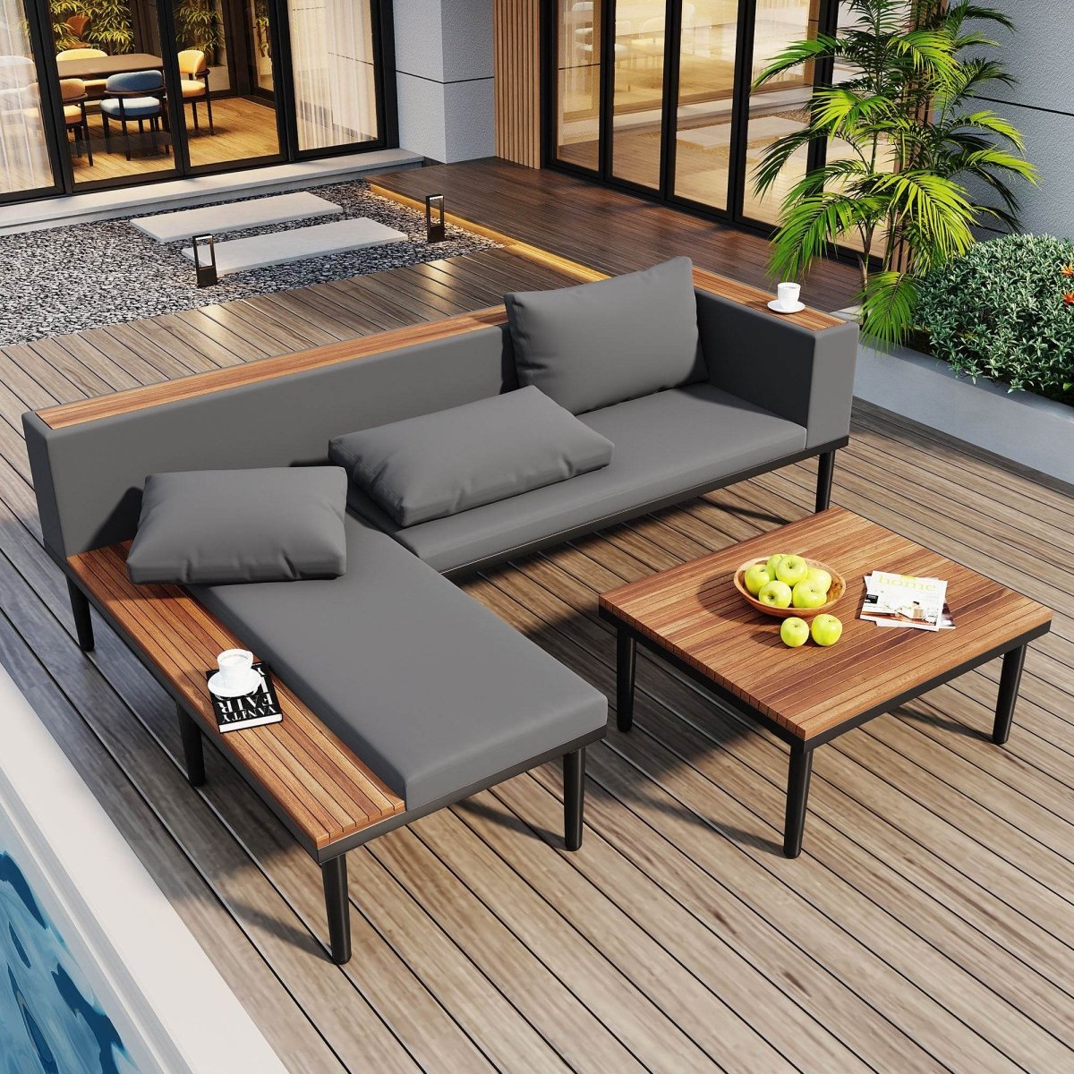 Gray Acacia Wood Outdoor Furniture Patio Sofa Set - Sleep Galleria