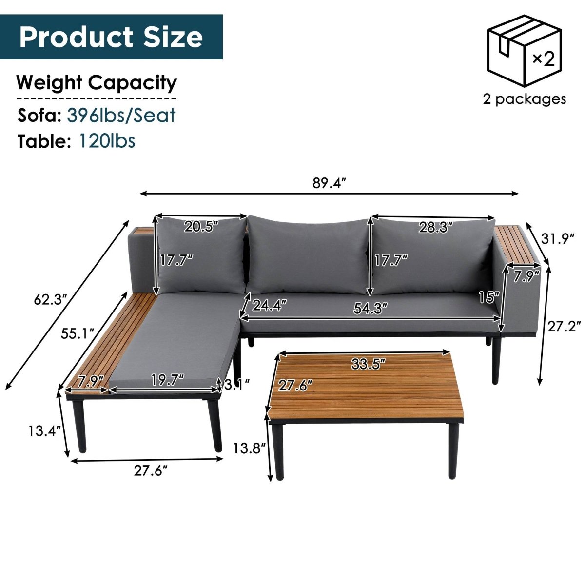 Gray Acacia Wood Outdoor Furniture Patio Sofa Set - Sleep Galleria