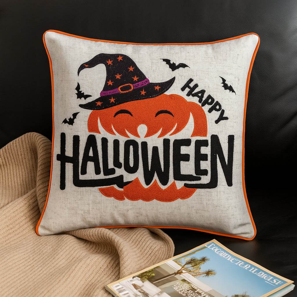 Happy Halloween Pumpkin Witch Embroidered Throw Pillow 20x20 Inch - Driftwood - Omega Lifestyles