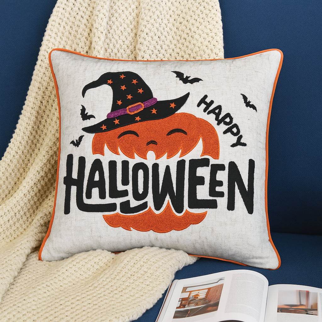 Happy Halloween Pumpkin Witch Embroidered Throw Pillow 20x20 Inch - Driftwood - Omega Lifestyles
