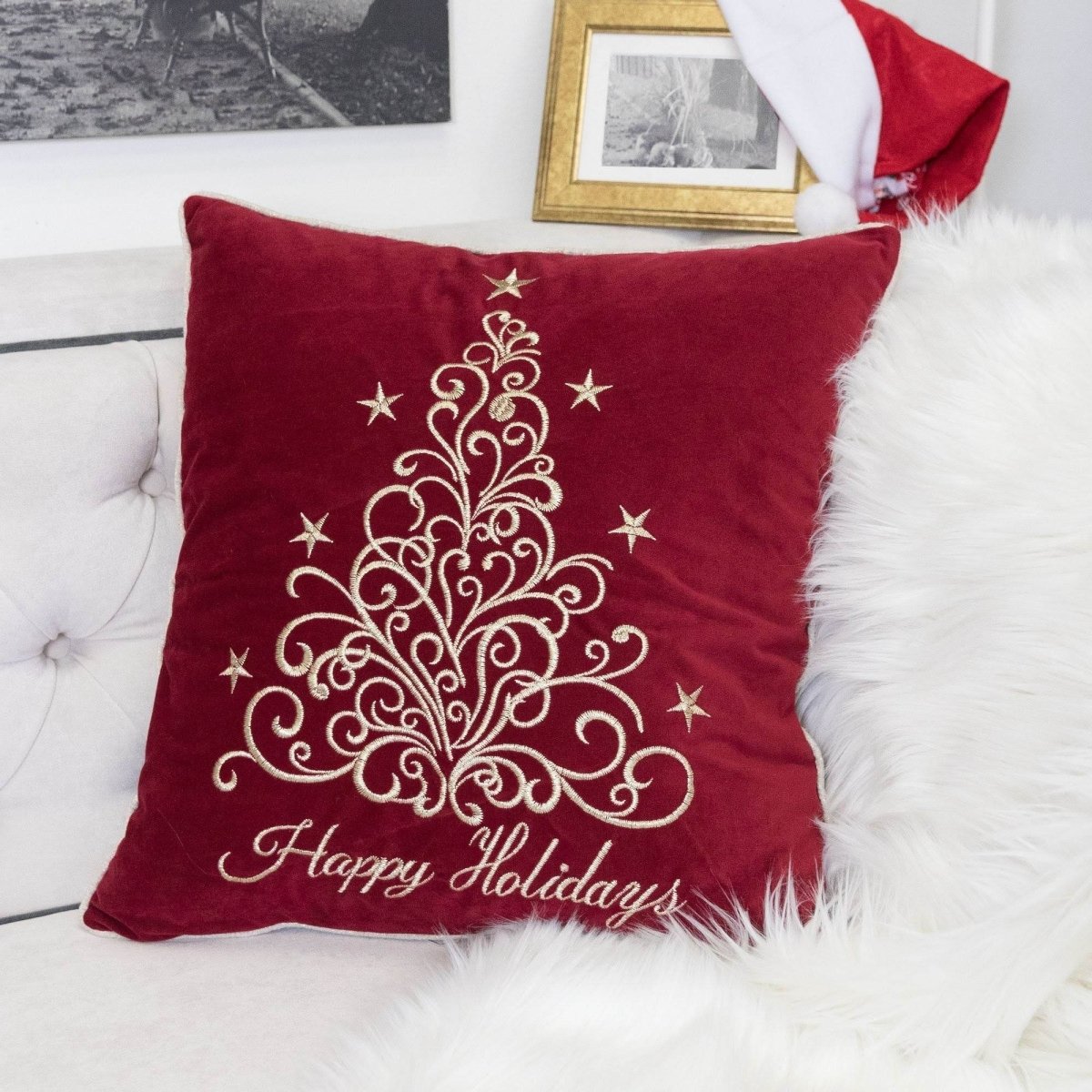 Happy Holidays Embroidered 20x20 Velvet Throw Pillow - Driftwood - Omega Lifestyles