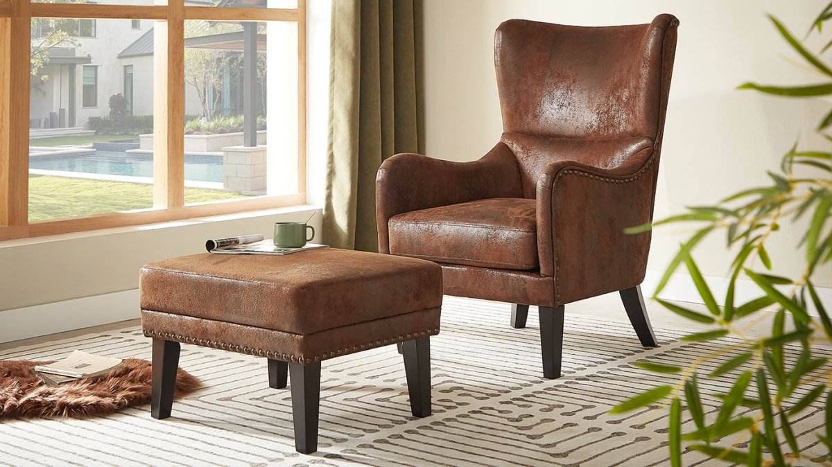 Hi-Back Vintage Distressed Accent Chair With Ottoman - Sleep Galleria