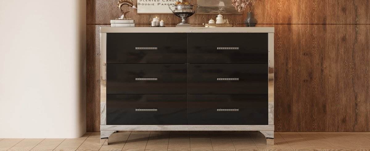 High Gloss Black MDF Dresser With 6 Drawers - Sleep Galleria