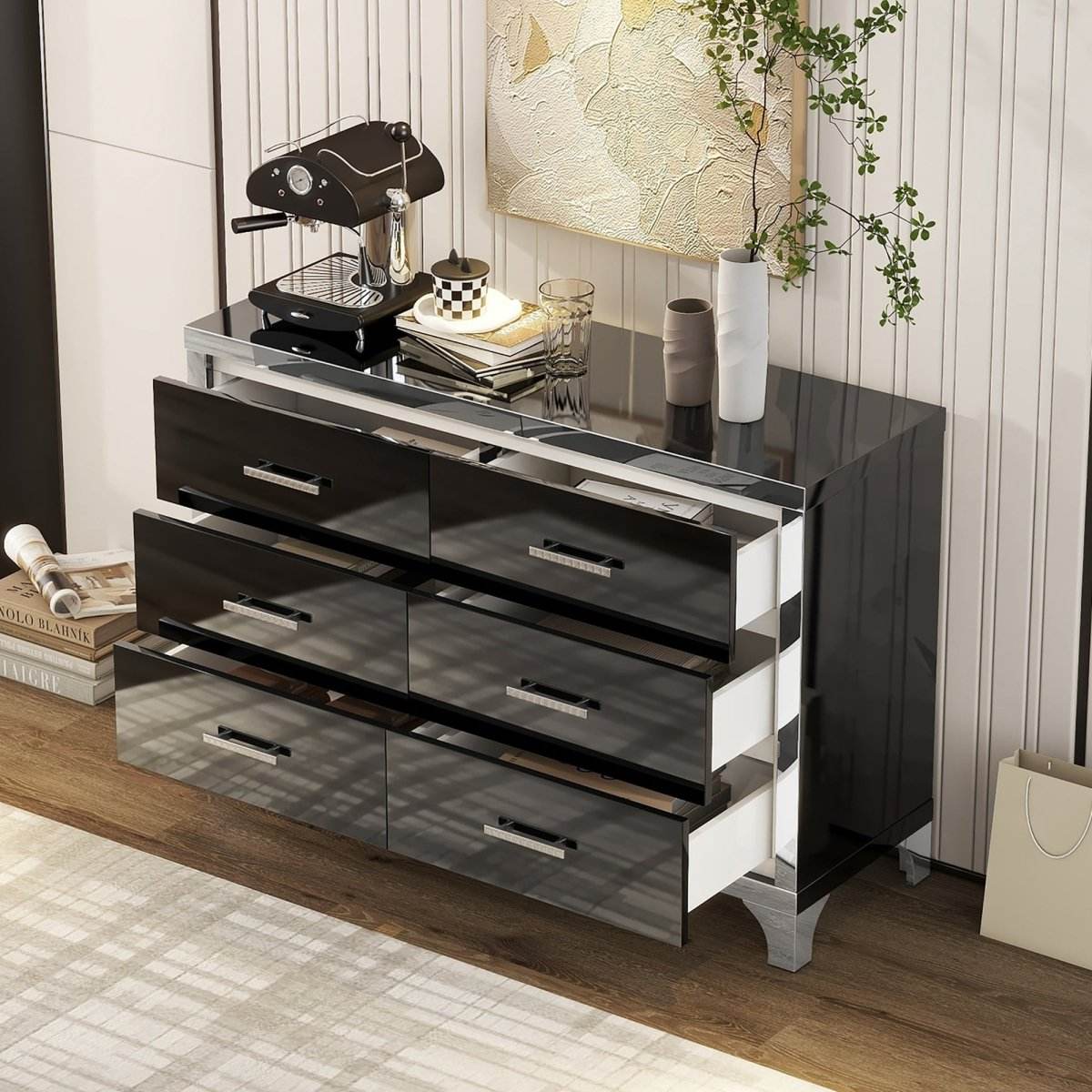 High Gloss Black MDF Dresser With 6 Drawers - Sleep Galleria
