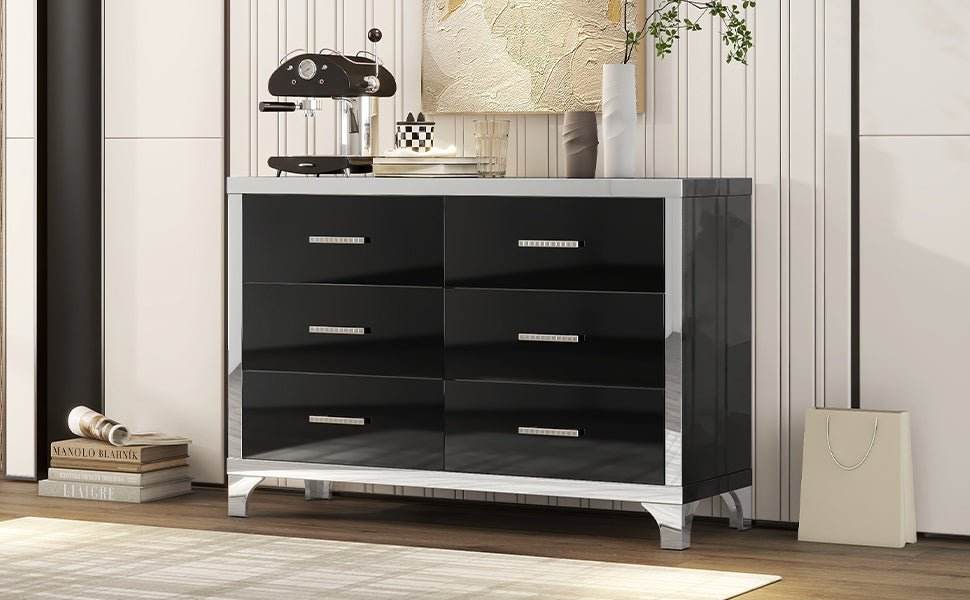 High Gloss Black MDF Dresser With 6 Drawers - Sleep Galleria