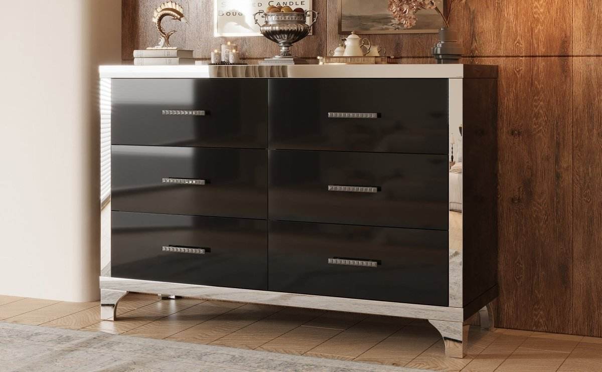 High Gloss Black MDF Dresser With 6 Drawers - Sleep Galleria