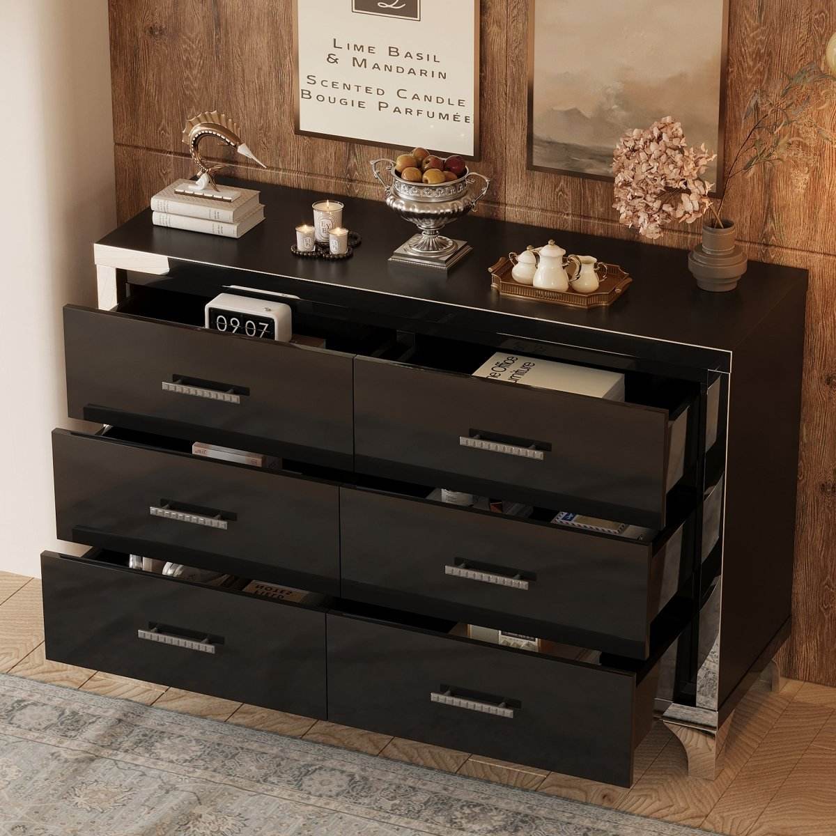 High Gloss Black MDF Dresser With 6 Drawers - Sleep Galleria