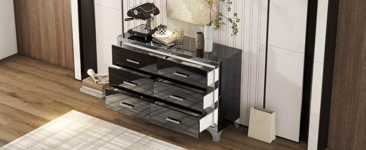 High Gloss Black MDF Dresser With 6 Drawers - Sleep Galleria