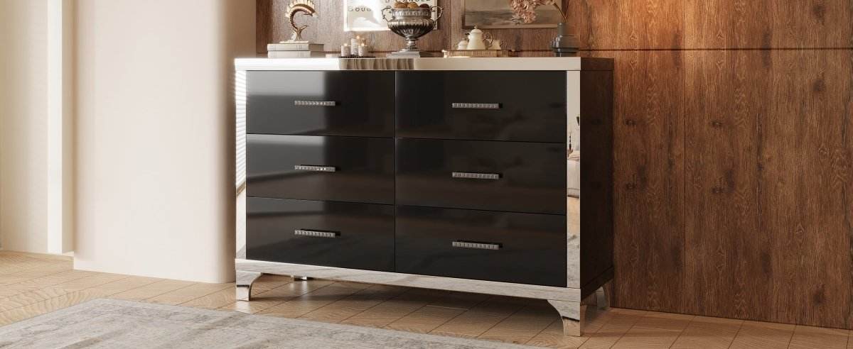 High Gloss Black MDF Dresser With 6 Drawers - Sleep Galleria