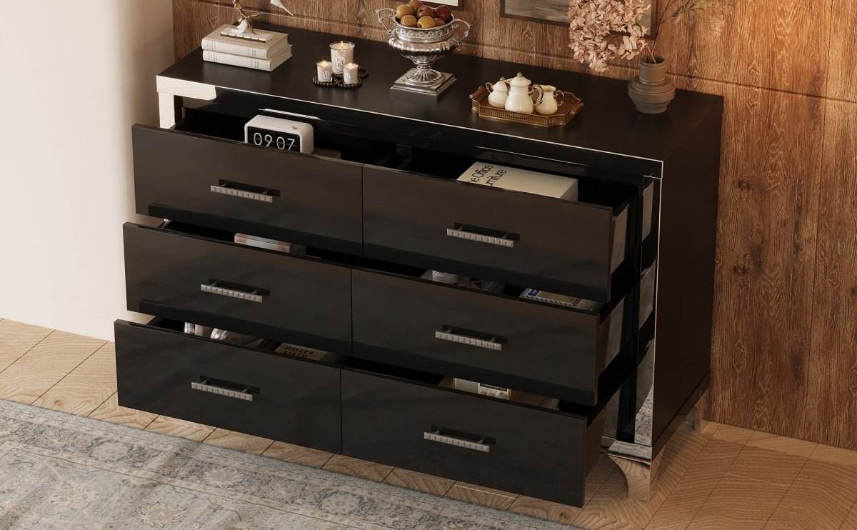 High Gloss Black MDF Dresser With 6 Drawers - Sleep Galleria