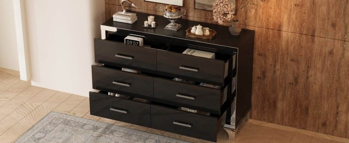 High Gloss Black MDF Dresser With 6 Drawers - Sleep Galleria