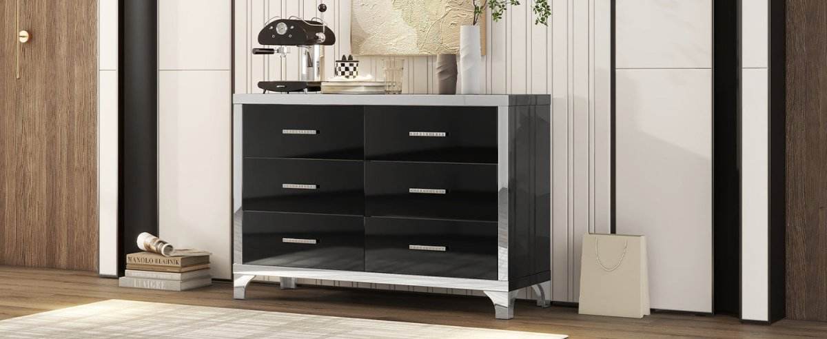 High Gloss Black MDF Dresser With 6 Drawers - Sleep Galleria