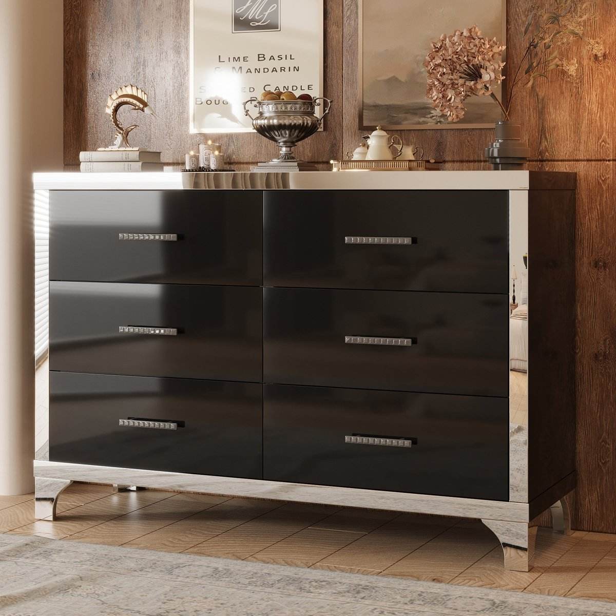 High Gloss Black MDF Dresser With 6 Drawers - Sleep Galleria