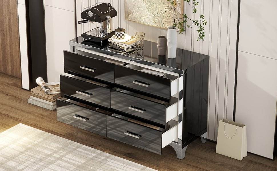 High Gloss Black MDF Dresser With 6 Drawers - Sleep Galleria