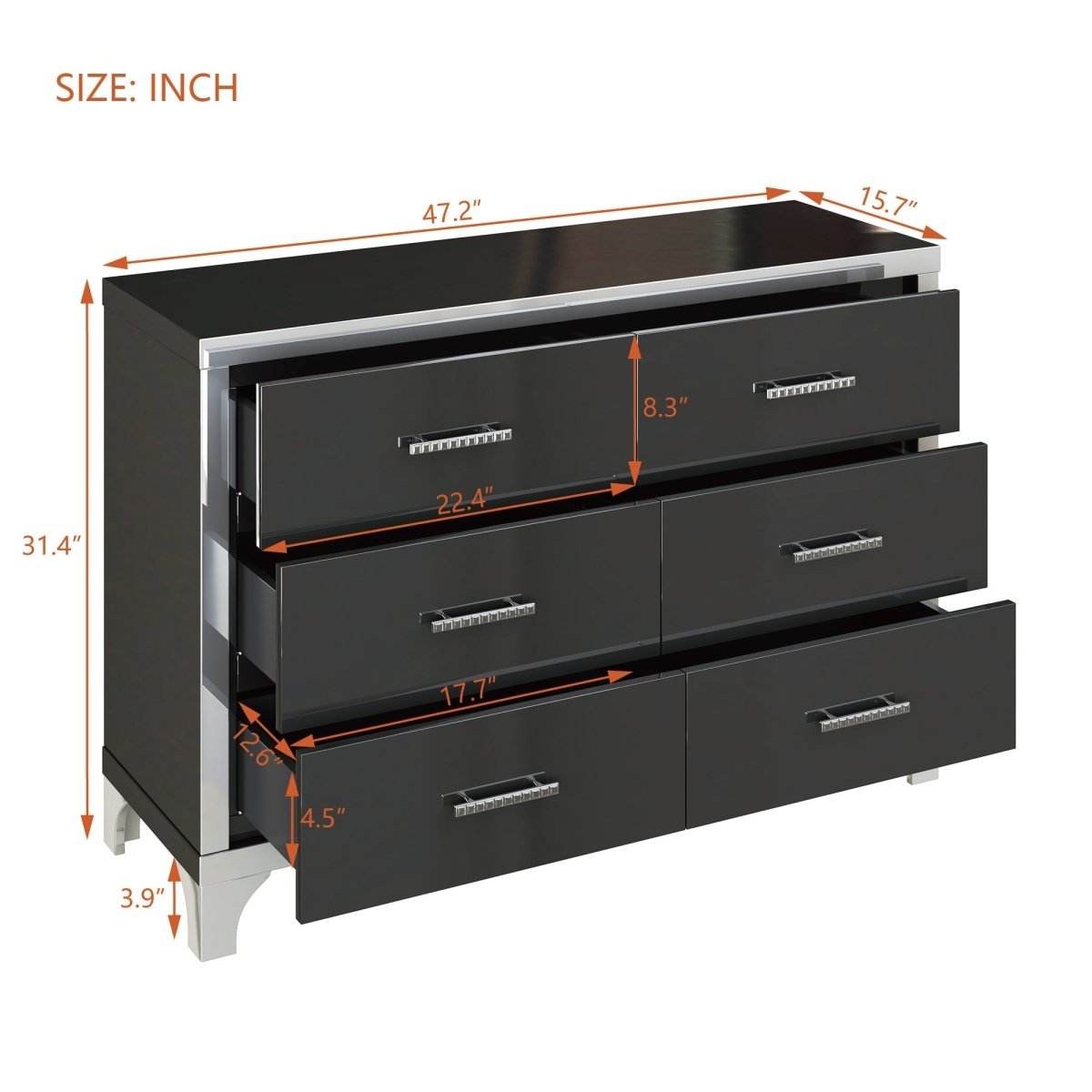 High Gloss Black MDF Dresser With 6 Drawers - Sleep Galleria