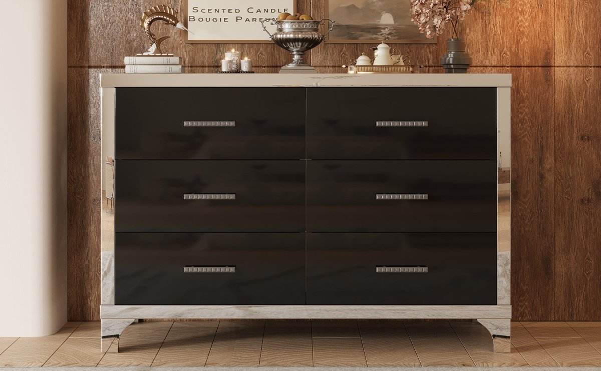 High Gloss Black MDF Dresser With 6 Drawers - Sleep Galleria
