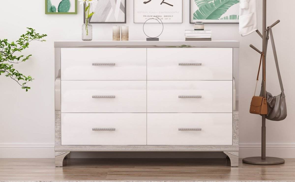 High Gloss White MDF Dresser With 6 Drawers - Sleep Galleria
