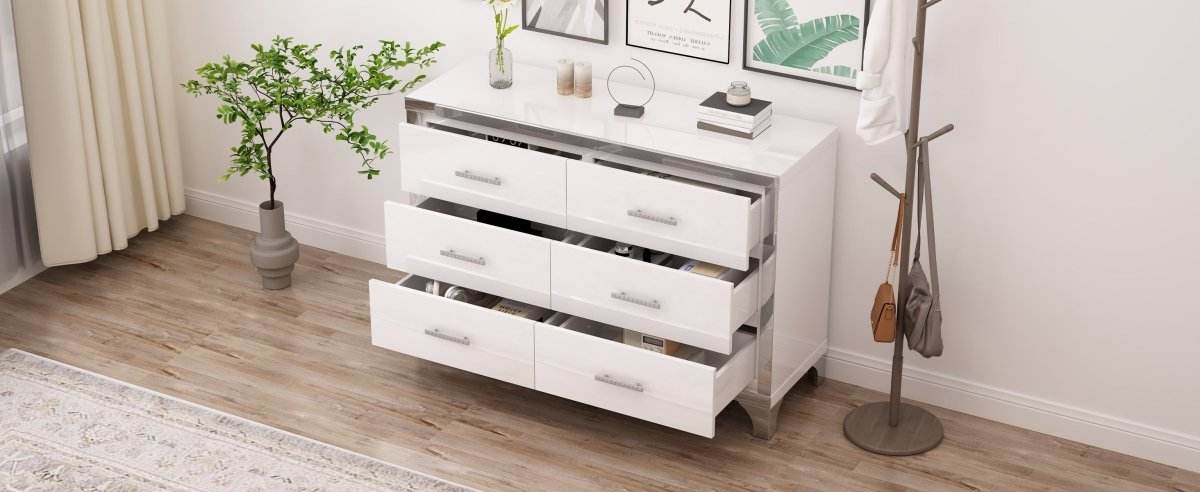 High Gloss White MDF Dresser With 6 Drawers - Sleep Galleria