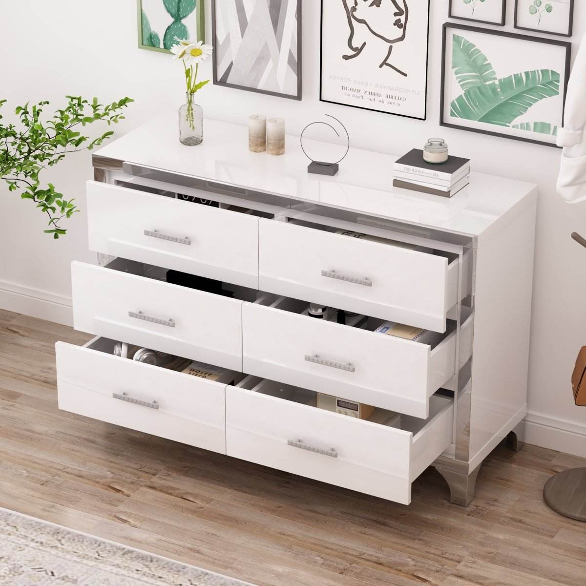High Gloss White MDF Dresser With 6 Drawers - Sleep Galleria