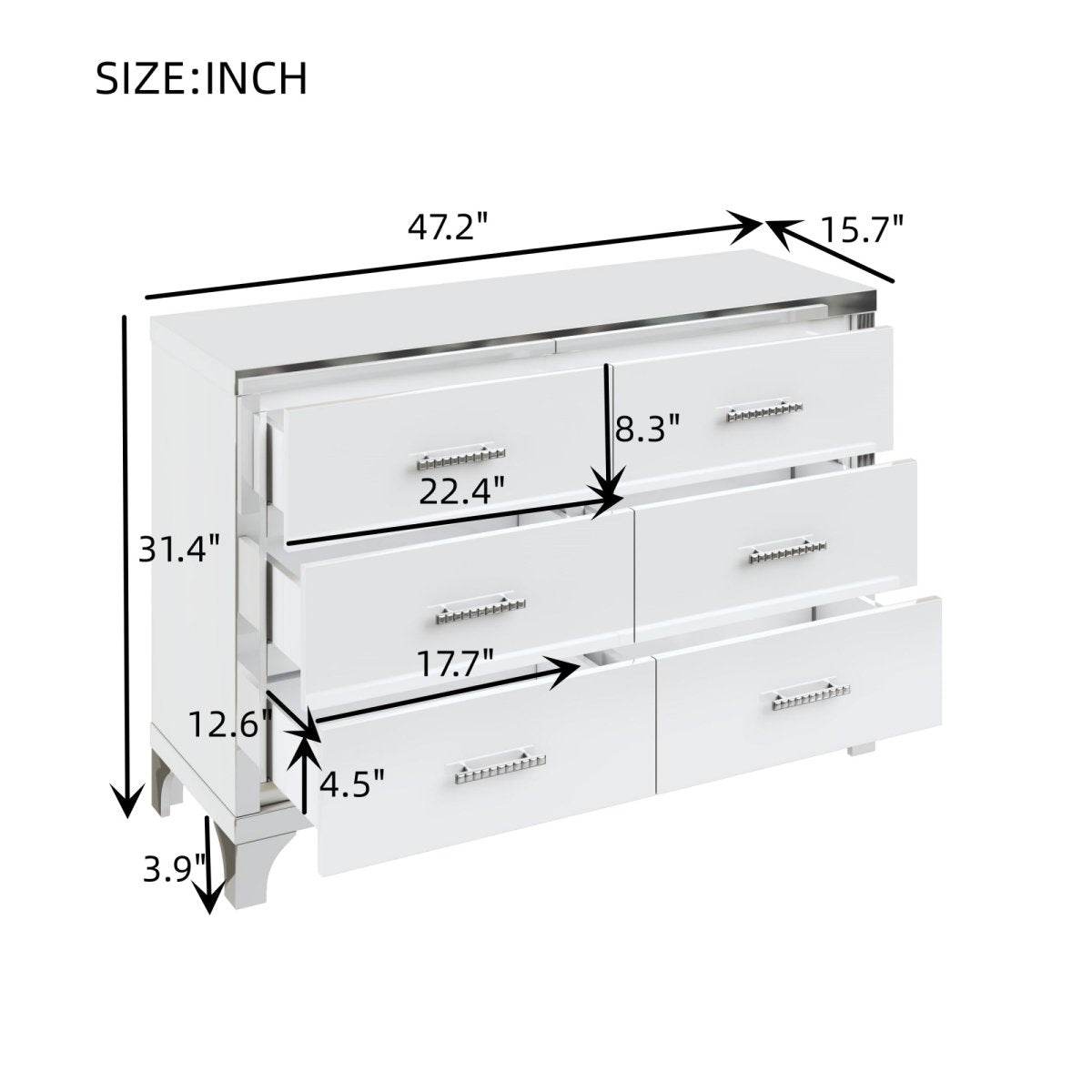 High Gloss White MDF Dresser With 6 Drawers - Sleep Galleria