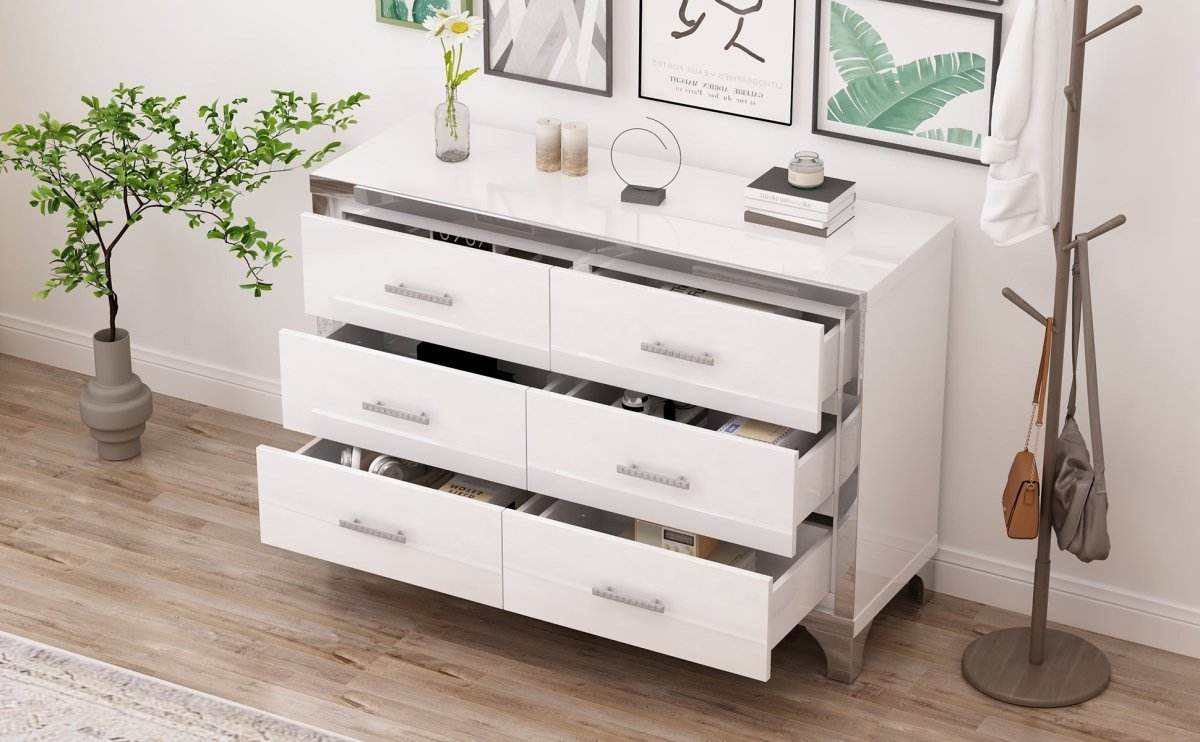 High Gloss White MDF Dresser With 6 Drawers - Sleep Galleria