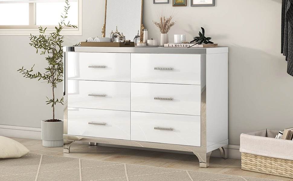 High Gloss White MDF Dresser With 6 Drawers - Sleep Galleria