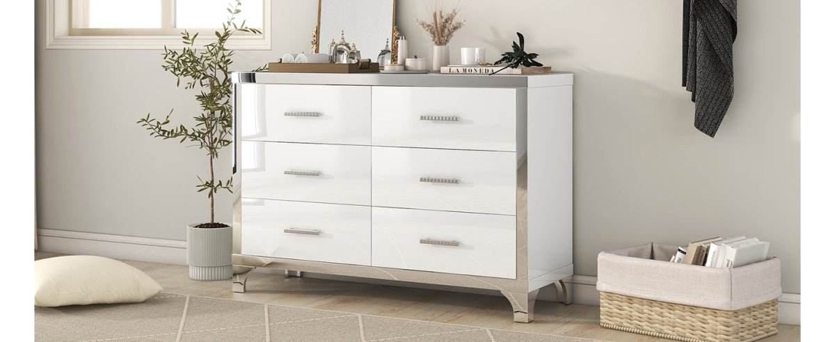 High Gloss White MDF Dresser With 6 Drawers - Sleep Galleria