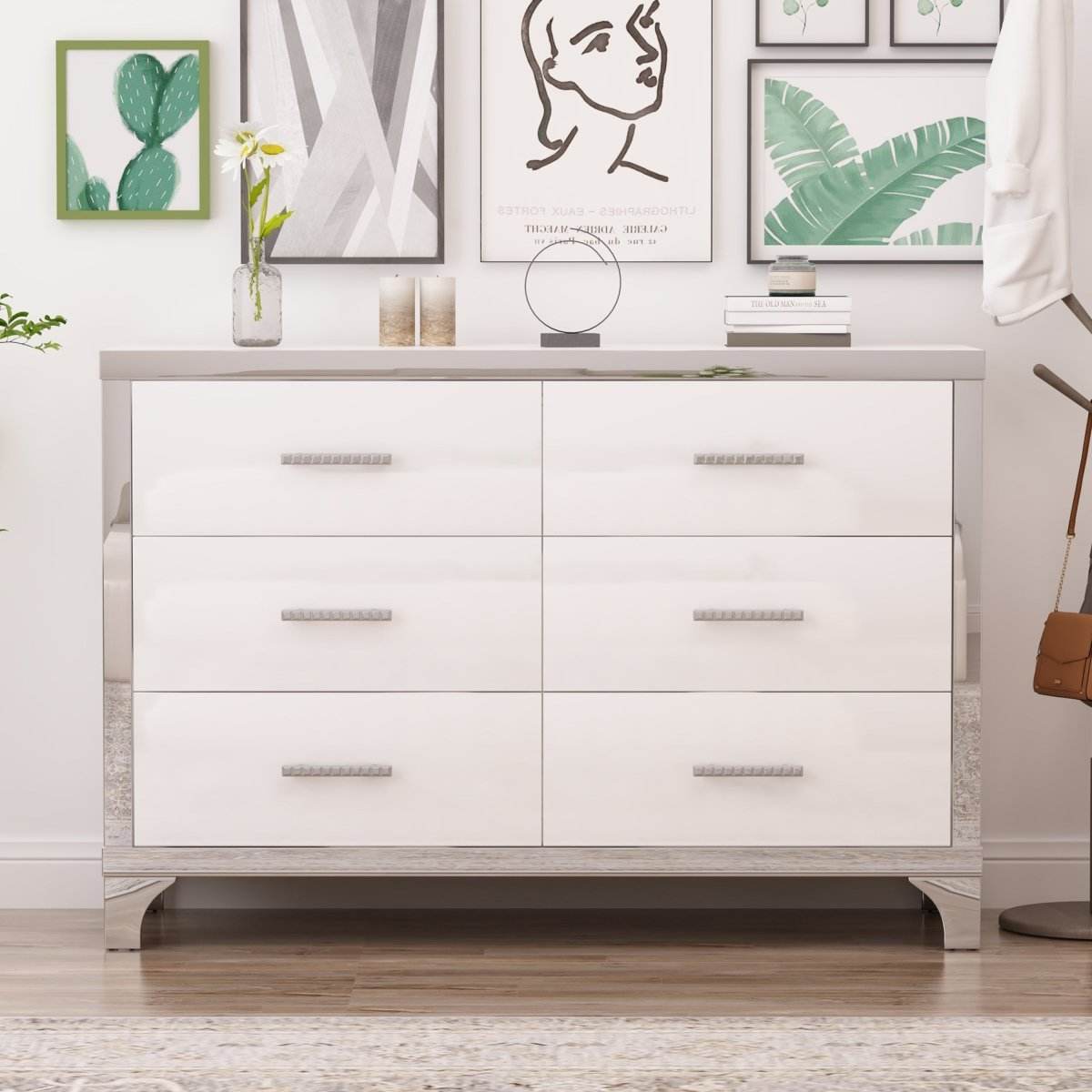 High Gloss White MDF Dresser With 6 Drawers - Sleep Galleria