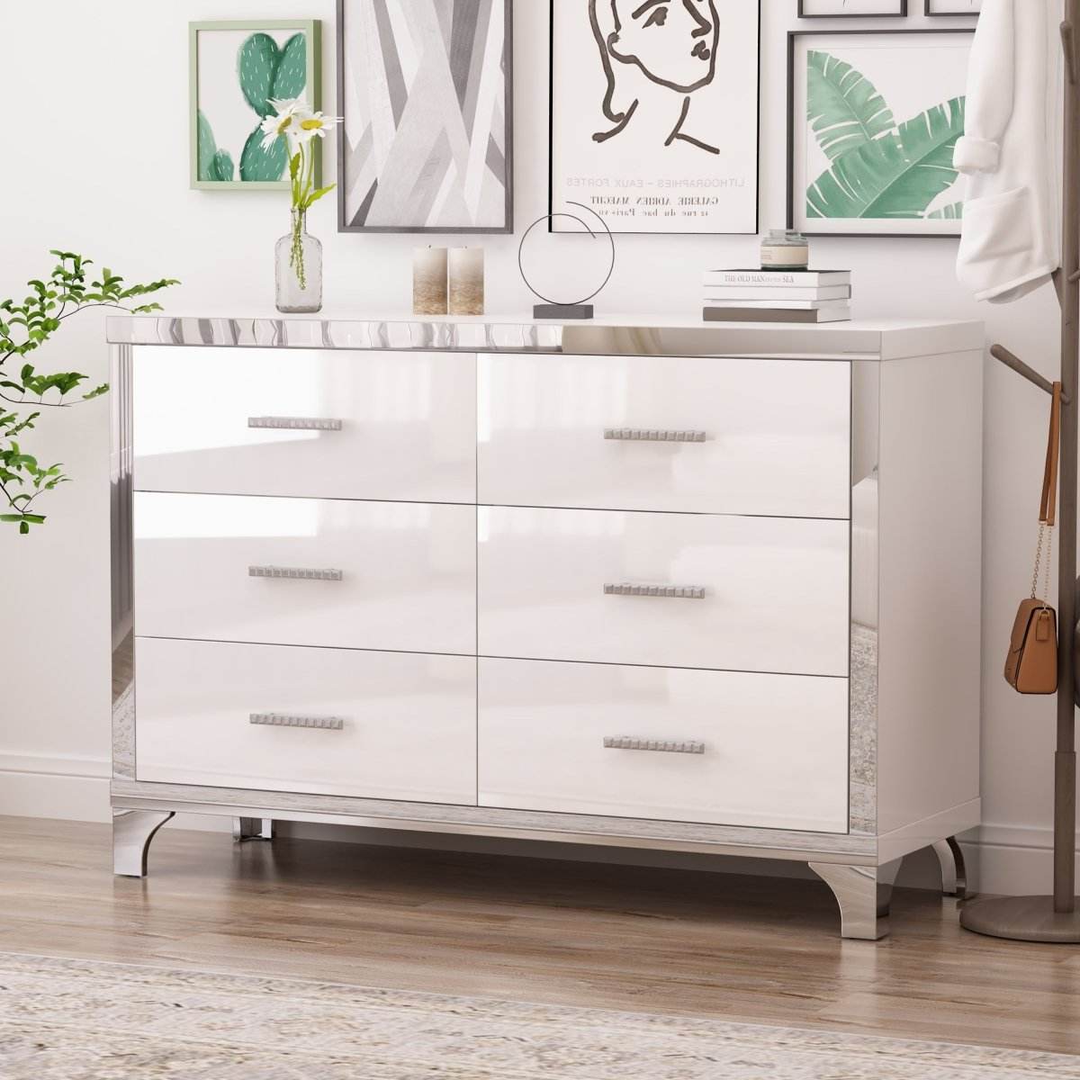 High Gloss White MDF Dresser With 6 Drawers - Sleep Galleria