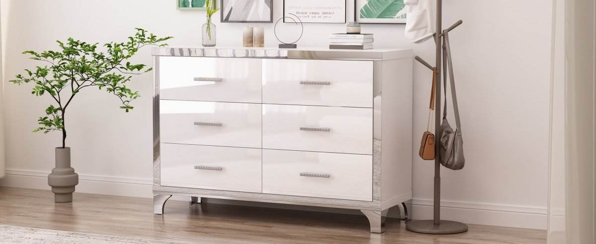 High Gloss White MDF Dresser With 6 Drawers - Sleep Galleria