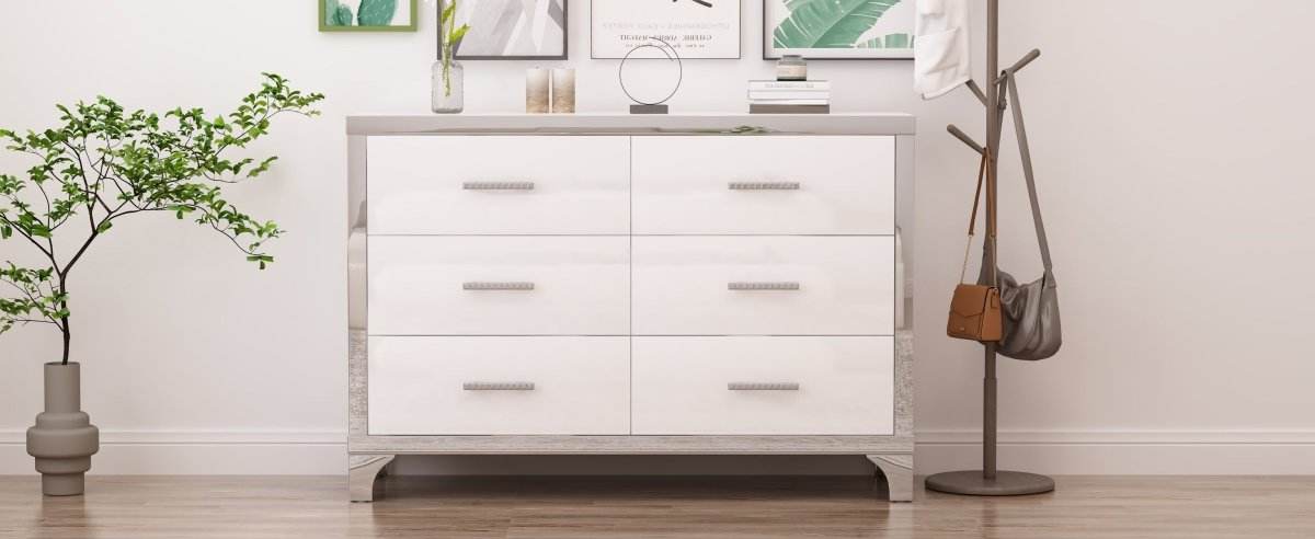 High Gloss White MDF Dresser With 6 Drawers - Sleep Galleria