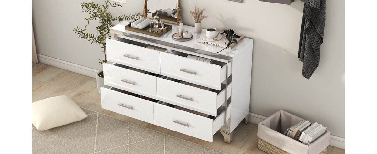 High Gloss White MDF Dresser With 6 Drawers - Sleep Galleria