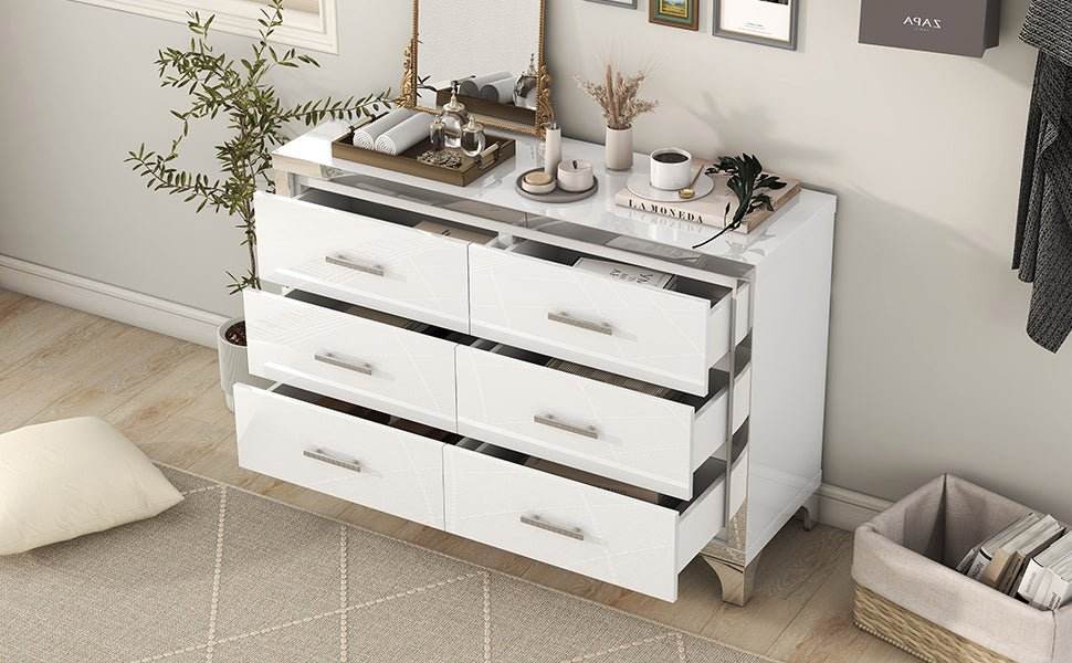 High Gloss White MDF Dresser With 6 Drawers - Sleep Galleria