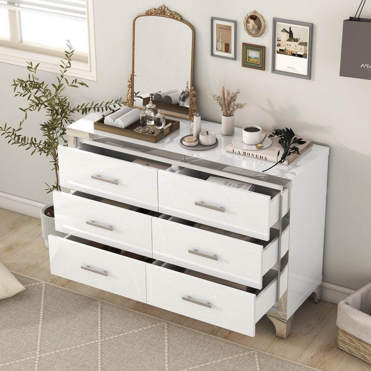 High Gloss White MDF Dresser With 6 Drawers - Sleep Galleria