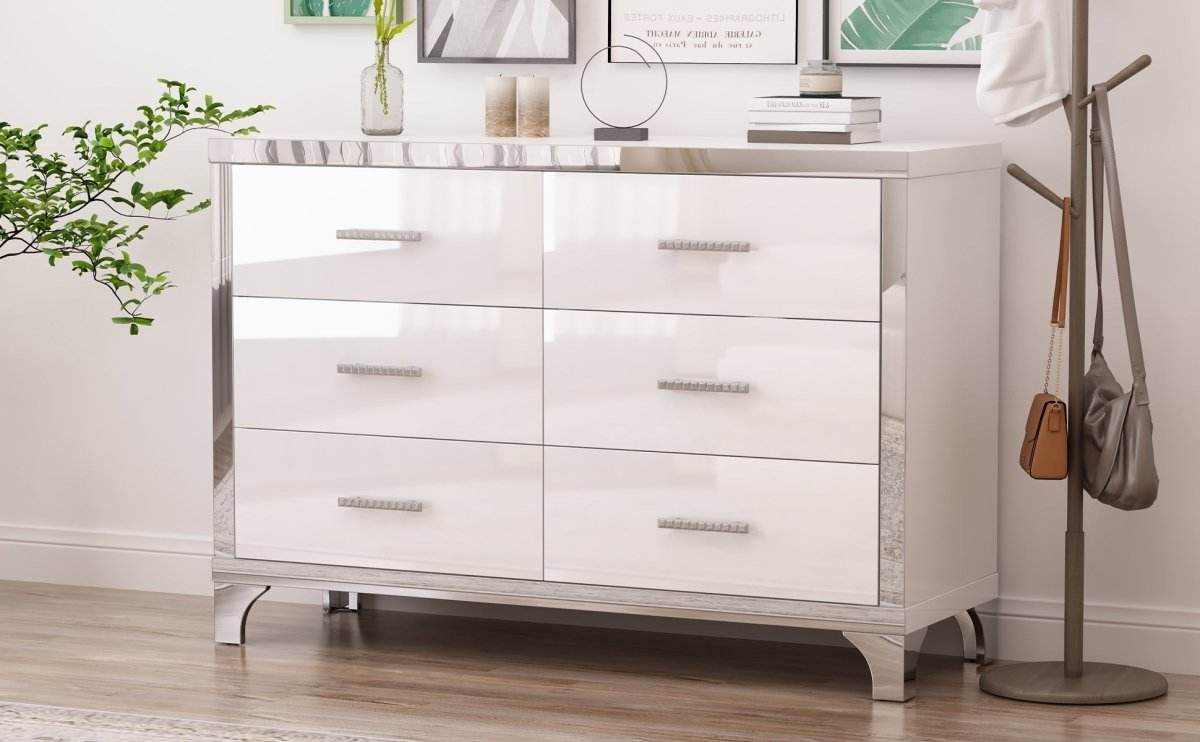 High Gloss White MDF Dresser With 6 Drawers - Sleep Galleria