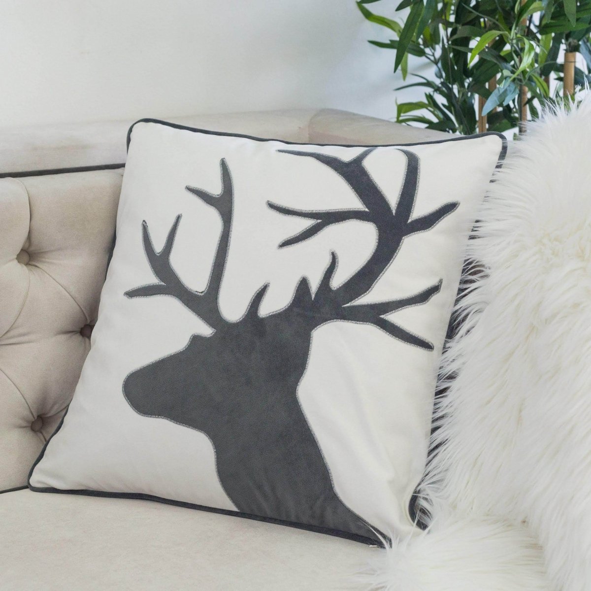 Holiday Reindeer Velvet Accent Pillow With Plush Insert - Driftwood - Omega Lifestyles