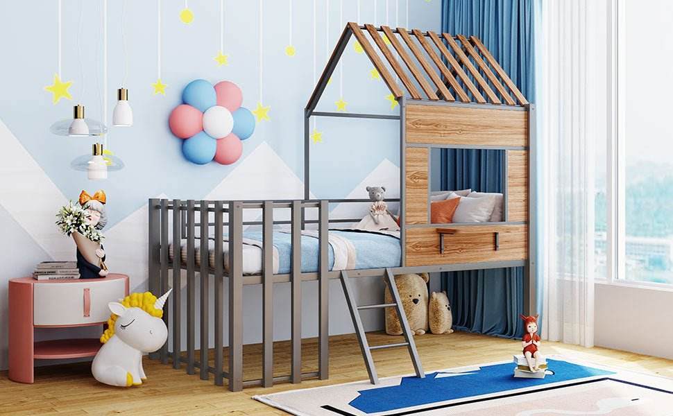 House-Shaped Metal Twin Loft Bunk Bed Frame - Sleep Galleria