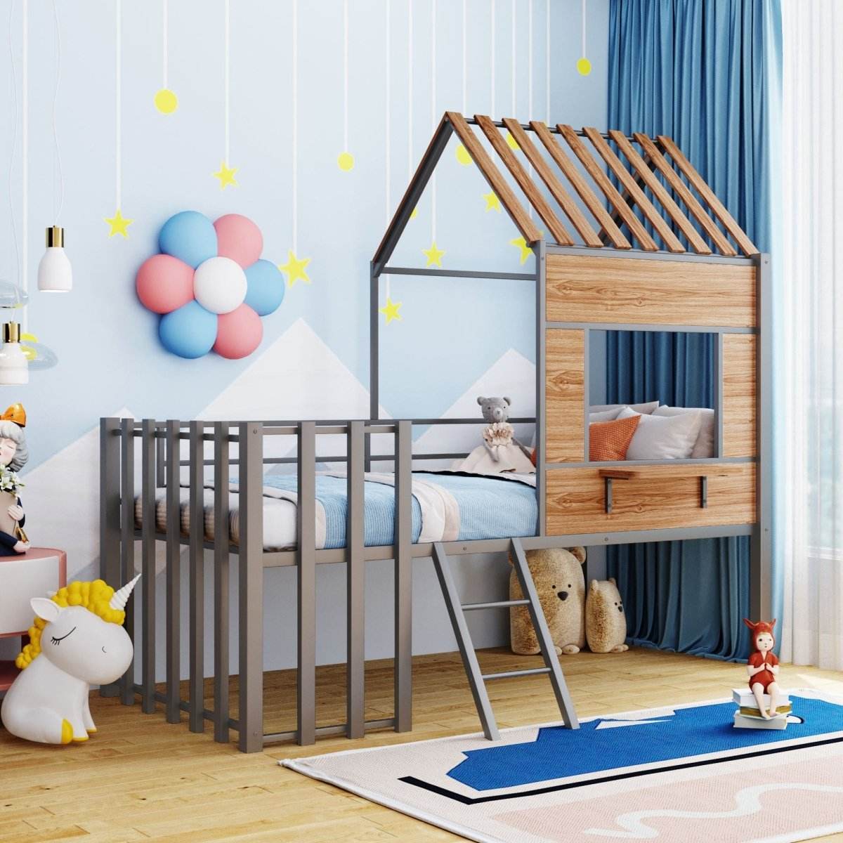 House-Shaped Metal Twin Loft Bunk Bed Frame - Sleep Galleria
