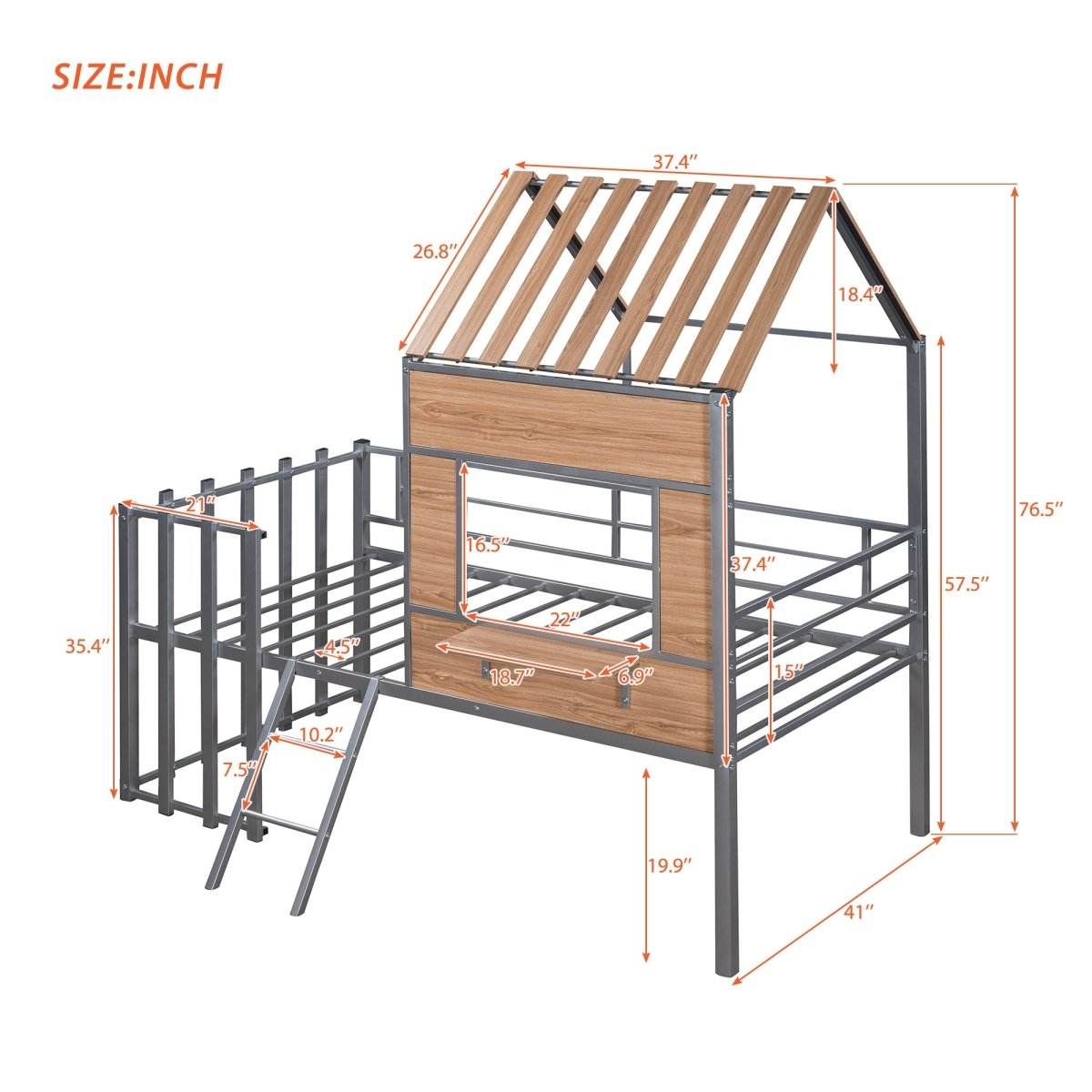 House-Shaped Metal Twin Loft Bunk Bed Frame - Sleep Galleria