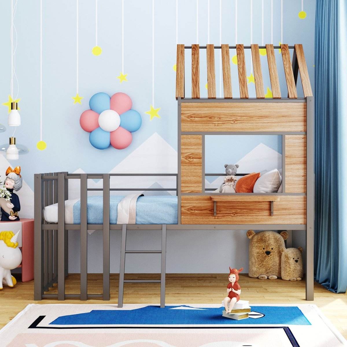 House-Shaped Metal Twin Loft Bunk Bed Frame - Sleep Galleria
