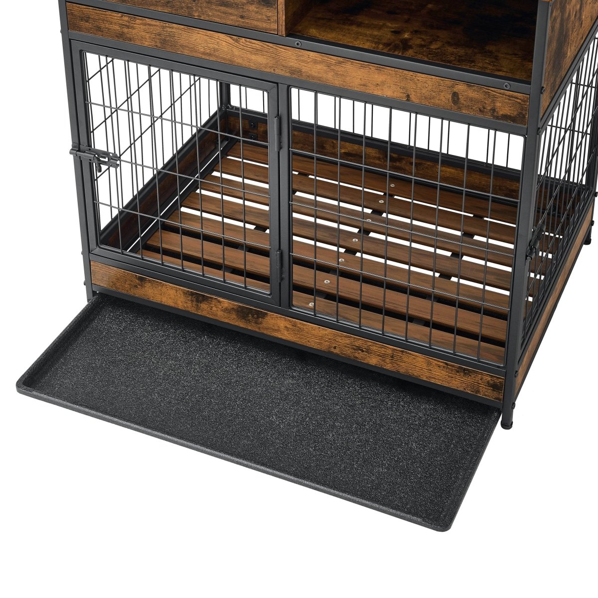 Indoor Rustic Metal Wood Dog Cage Crate With Double Doors - Omega Lifestyles