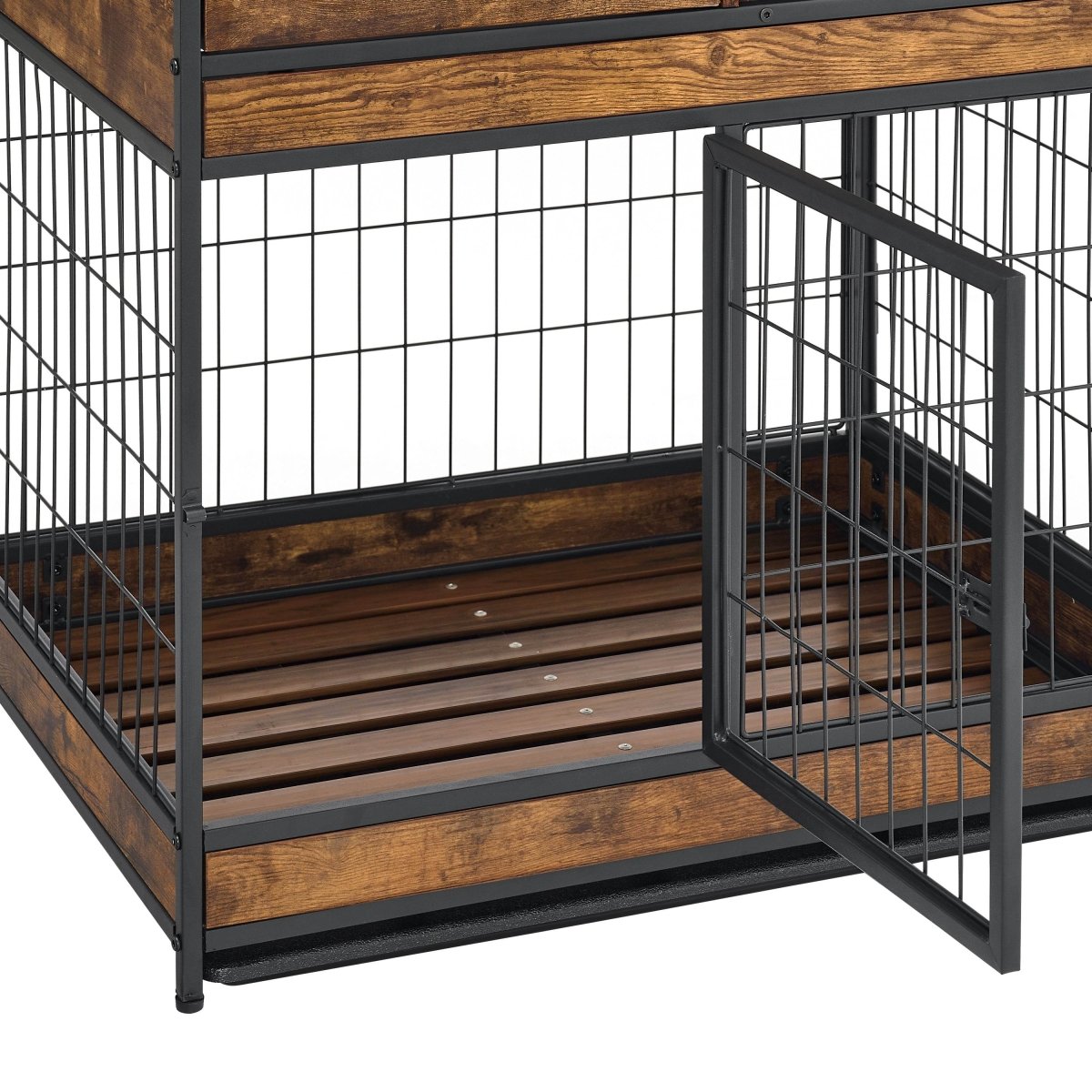 Indoor Rustic Metal Wood Dog Cage Crate With Double Doors - Omega Lifestyles